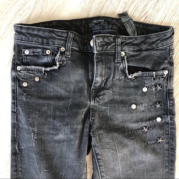 Zara Black Acid Washed Studded Jeans Denim US 4 - Picture 2 of 6